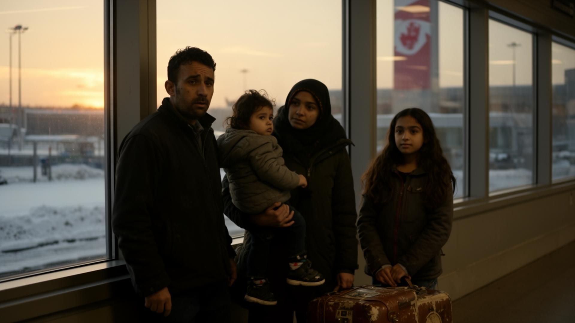 A refugee family arriving in Canada at dusk, holding their child and a worn suitcase
